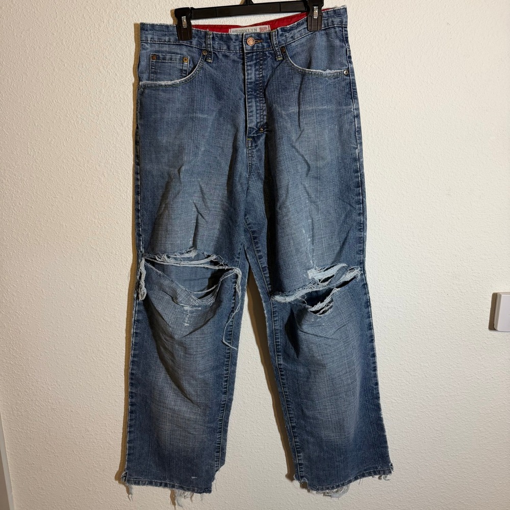 Brooklyn Xpress Mens Distressed Relaxed Fit Jeans Blue Medium Wash Ripped 34x32
